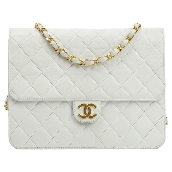 CHANEL Classic Single Flap Bag Quilted Matelasse Lambskin White Purse Vintage - Picture 1 of 16
